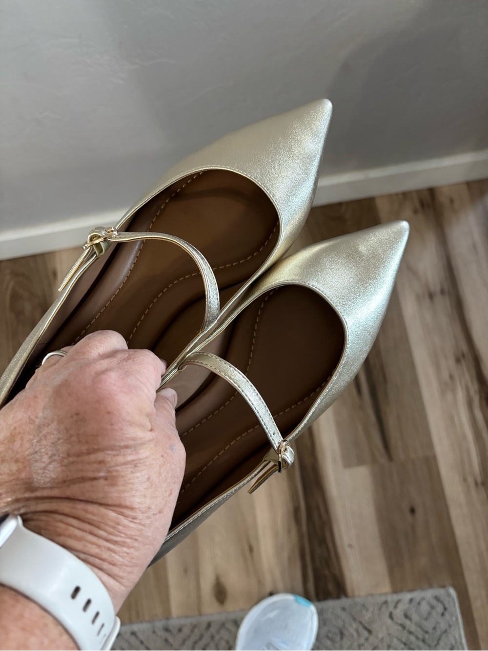 Pointed Toe Mary Jane Flats in Shimmery Gold 9M